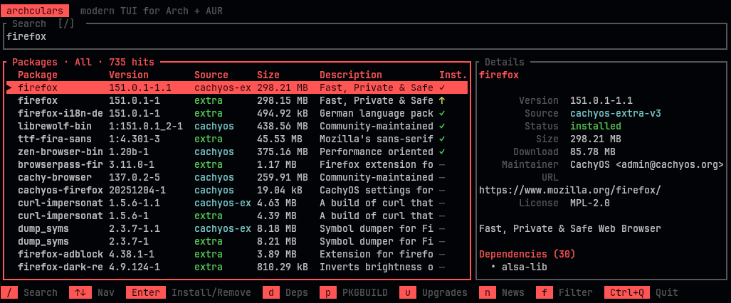 archculars TUI showing search results for linux